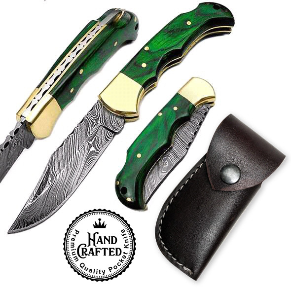 6.5" Green Wood Folding Pocket knife Hunting 100% Handmade Damascus Steel leathe