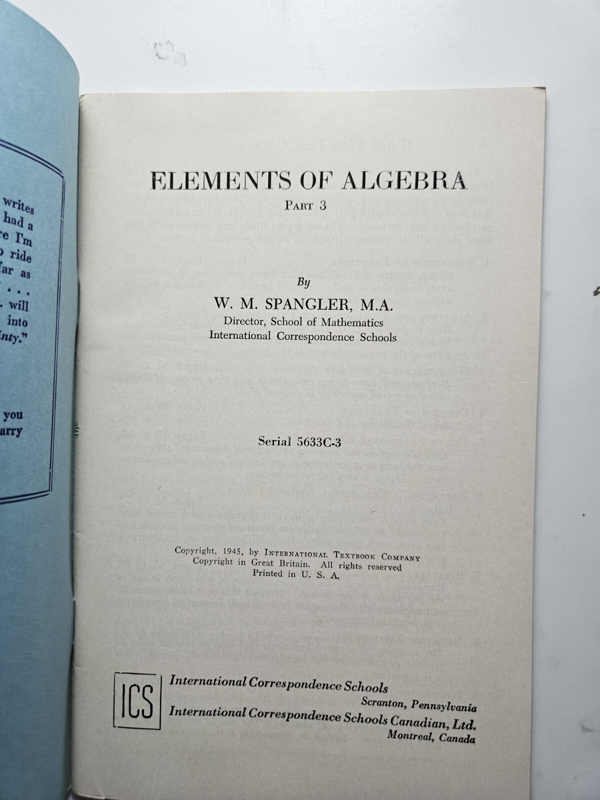 Elements Of Algebra W.M. Spangler
