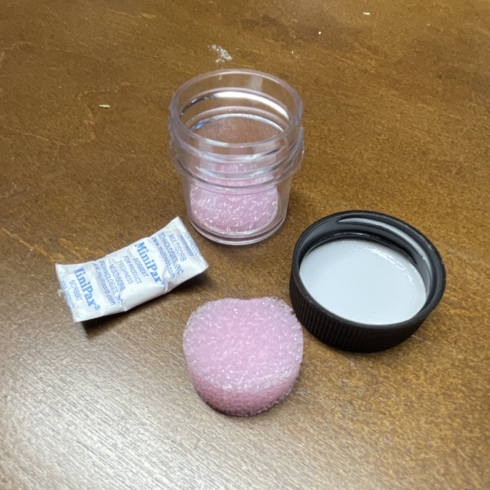 MiniPak Clear Coin Holder Jar Black Lid Pink Foam Desiccant Packet - lot of 10