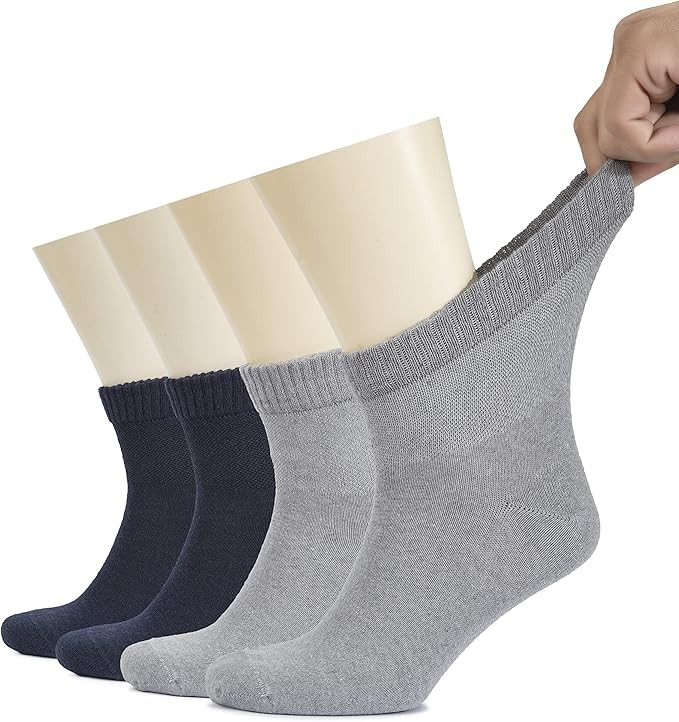 Hugh Ugoli Cotton Diabetic Men's Socks, Ankle, Loose, Wide Stretchy, 4 Pairs
