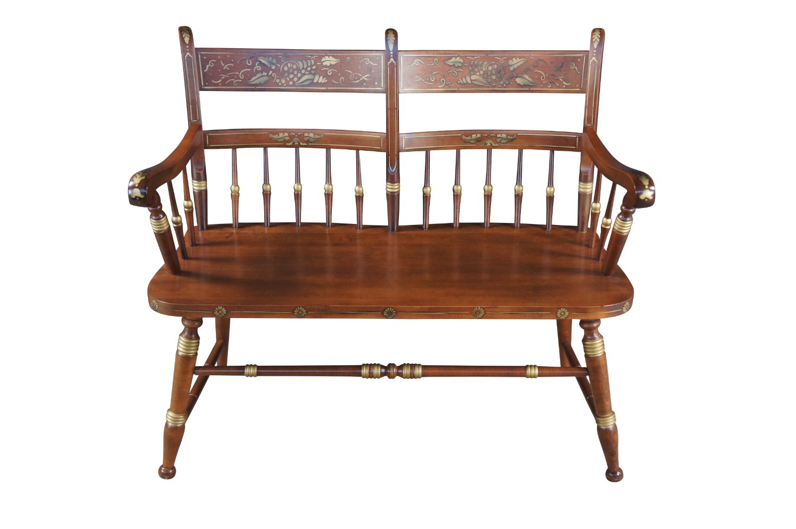 Tell City Hitchcock Style Maple Rumford & Gold Stenciled Spindle Back Bench 40"