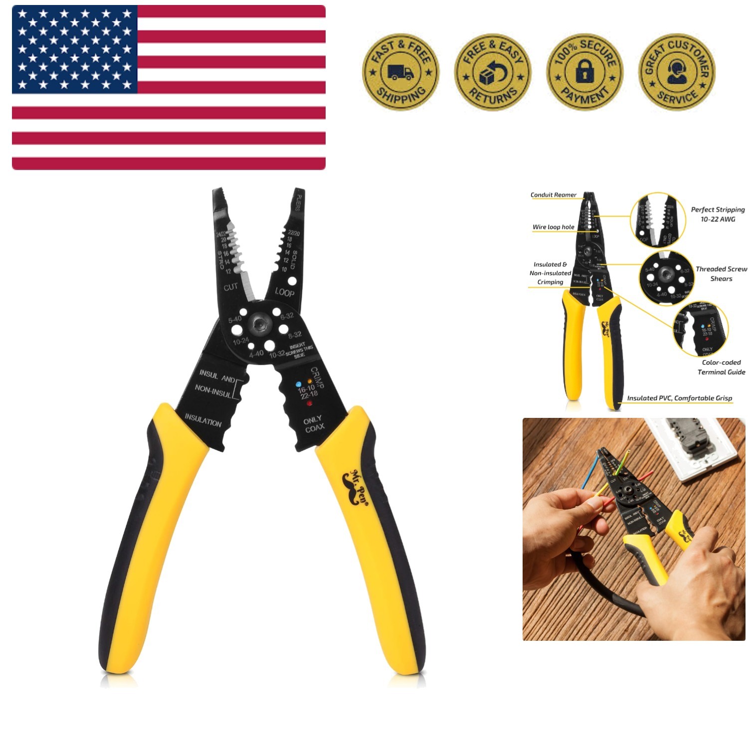 Wire Stripper, 8 inch, Wire Cutter, Wire Stripper Crimper, Wire Stripping Too...