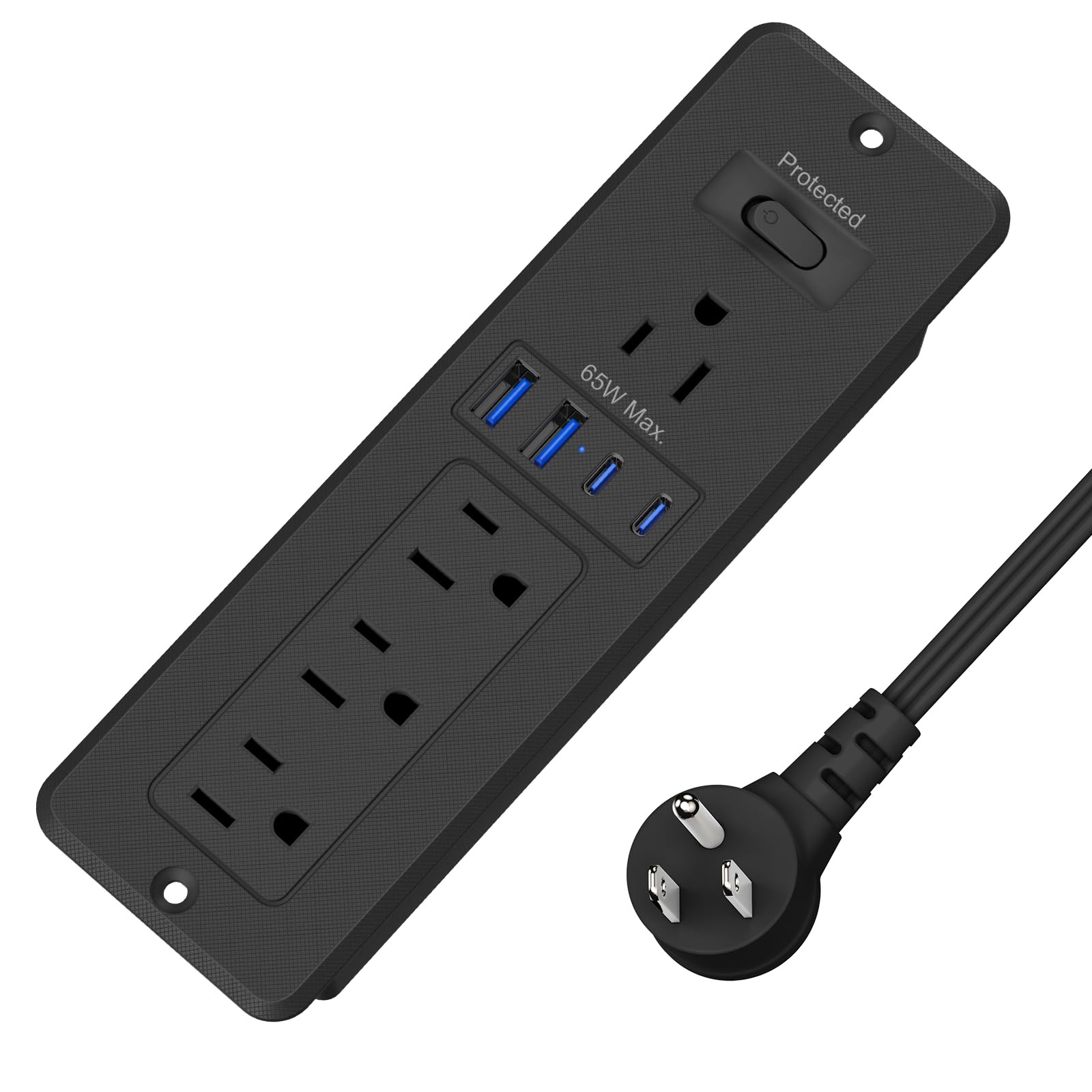 65W GaN USB C Recessed Power Strip, 4 AC Outlets & 2 USB-C PD + 2 6FT, Black