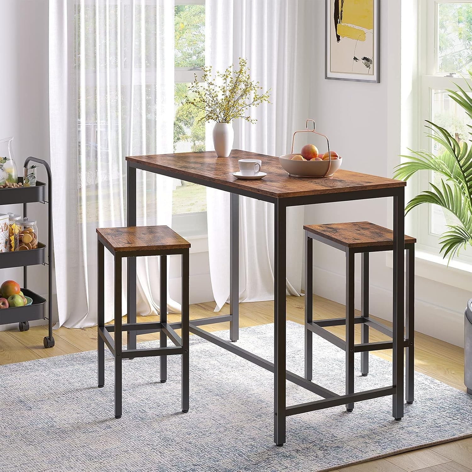 Bar Table and Chairs Set, 47.2” Rectangular Pub Table with 2 Stools for Small...