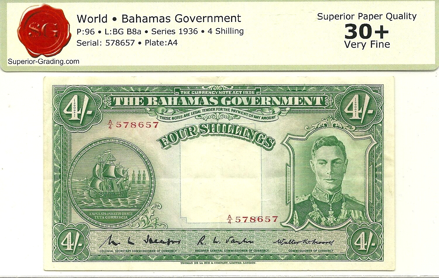BAHAMAS GOVERNMENT 4 SHILLINGS 1936  P-9b KING GEORGE VI - BOLD VERY FINE + NOTE