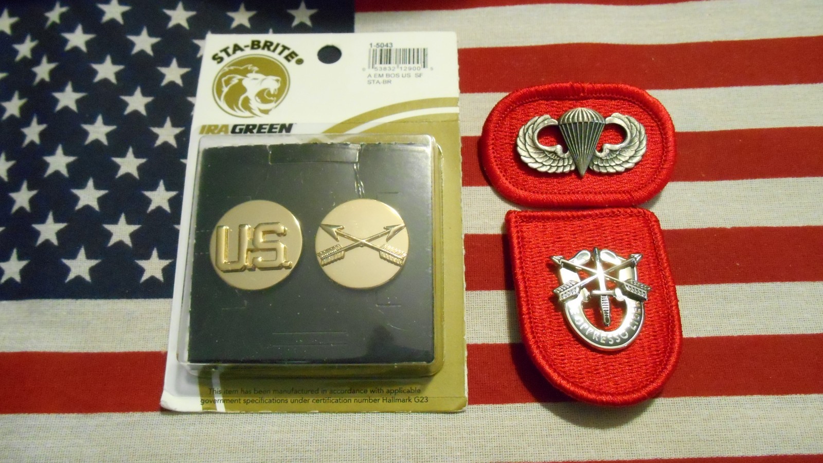 7th Special Forces EM BOS 22k Collar Insignia & Beret Flash w/DUI G23