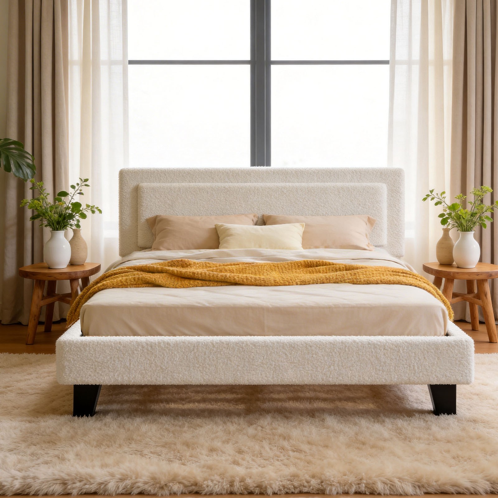 Bed Frame Full Size Upholstered Bed Frame with Adjustable Headboard Solid Wood