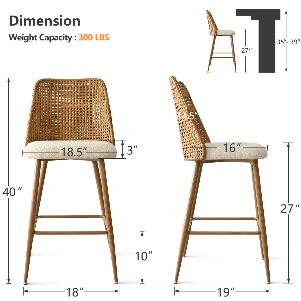 Set of 3 Upholstered Boucle Rattan Full Back Counter Stool