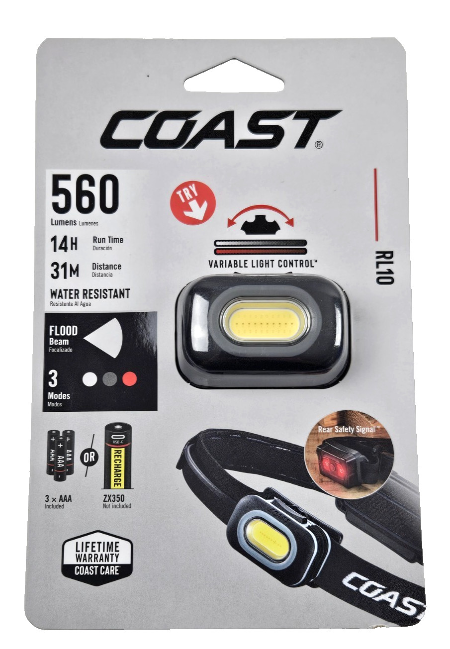 Coast RL10 Fixed Beam LED Headlamp – 560 Lumens – Rear Safety Signal