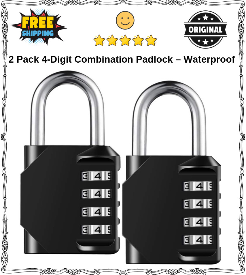2 Pack 4-Digit Combination Padlock – Waterproof Heavy Duty Lock for Gym & Gate