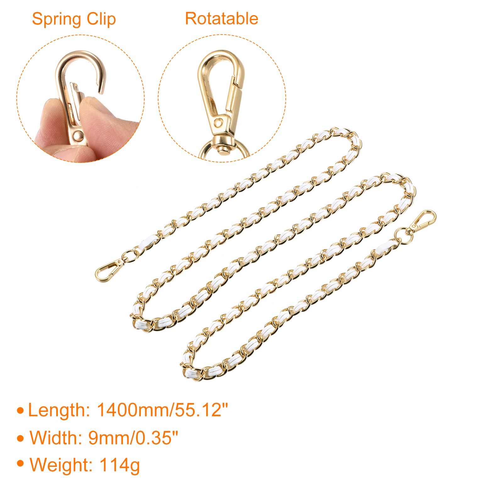 Purse Chain Strap, 55" Purse Strap Shoulder Bag Replacement Strap, White+Gold