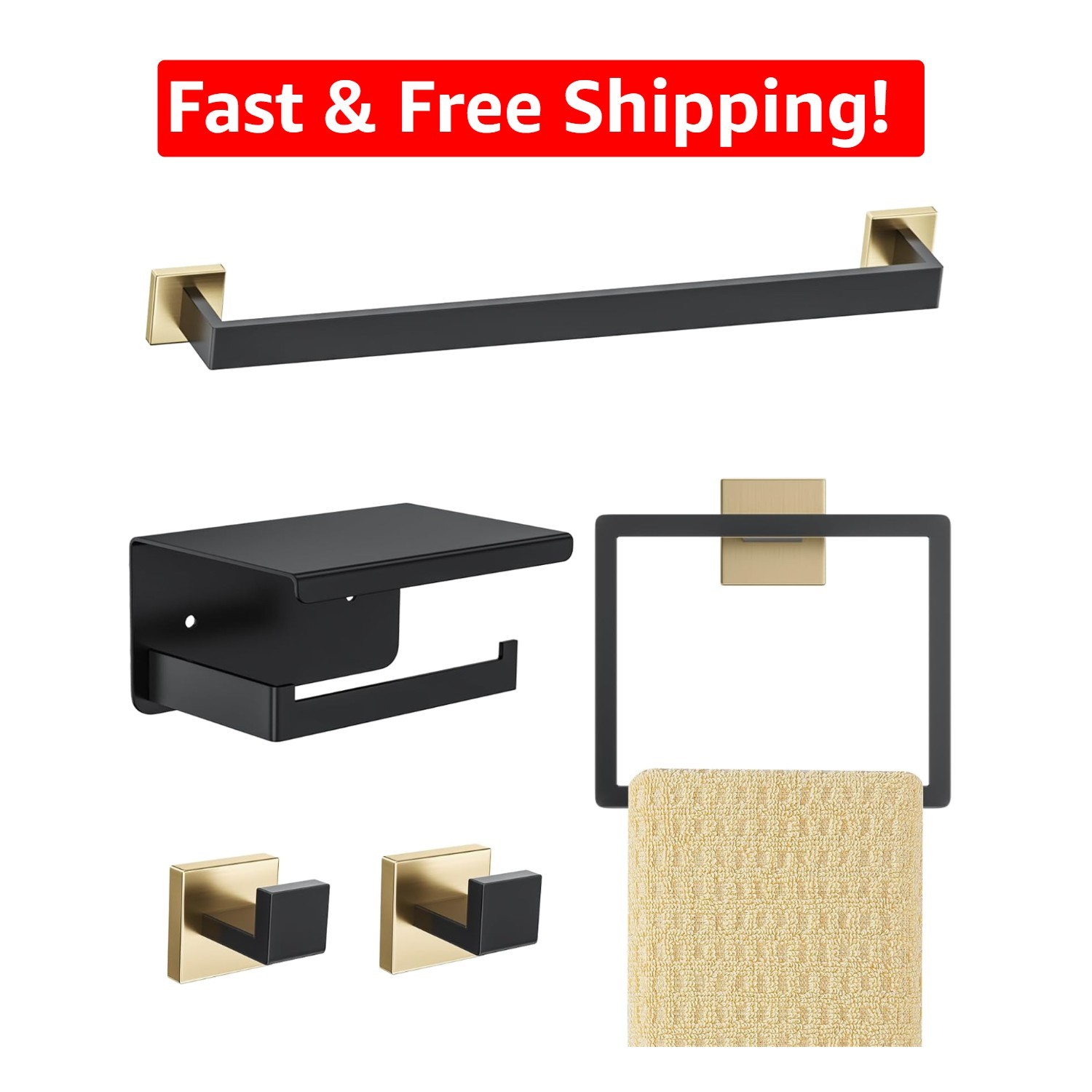 Elegant 5-Piece Matte Black & Gold Bathroom Towel Rack Set for Modern Spaces