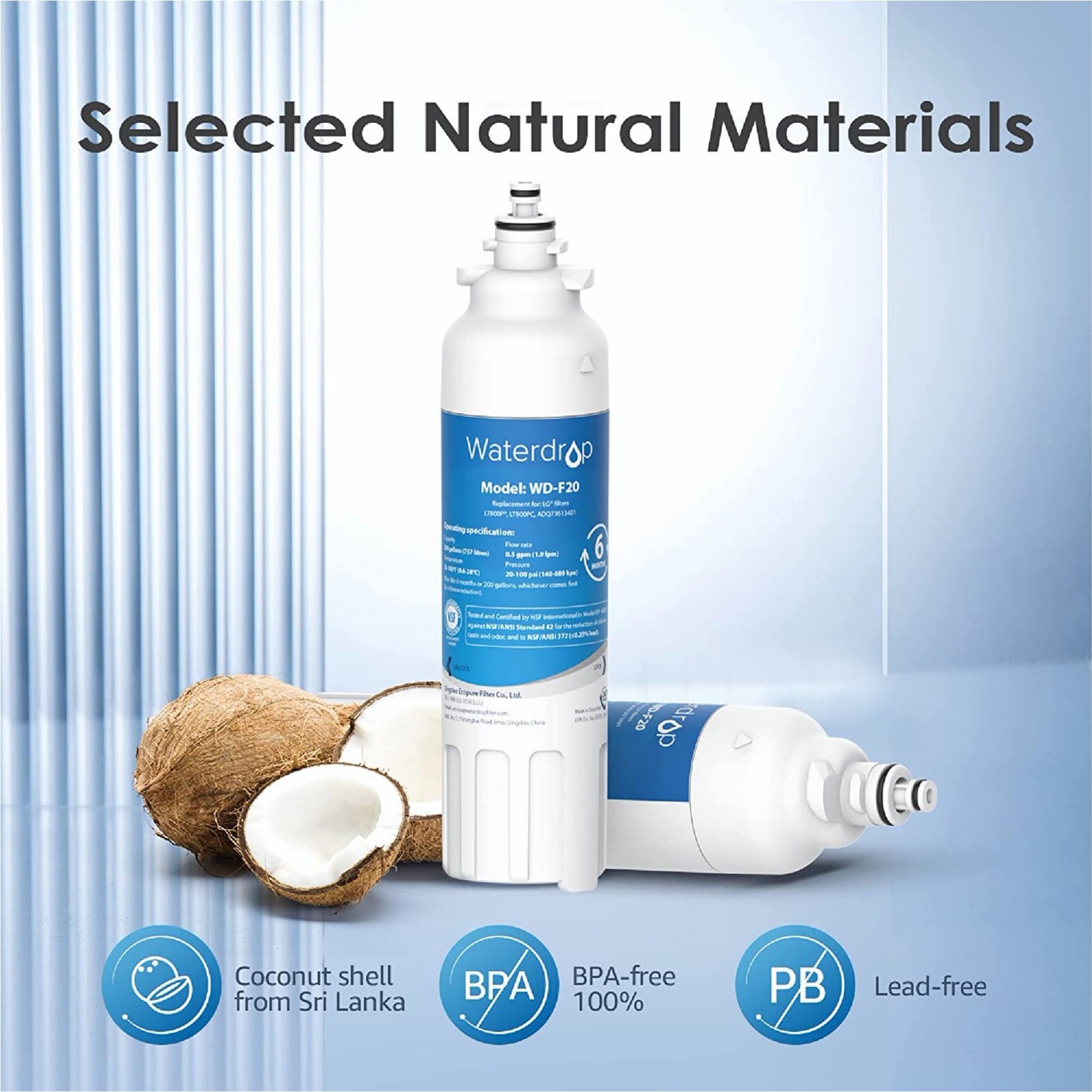 Waterdrop LT800P® Refrigerator Water Filter, Replacement for LG® LT800P®, 2 Pack