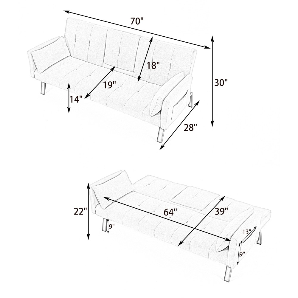 70" Cotton Linen Sofa Bed, Foldable Sofa w/Cup Holder& Storage,Multi-Functional