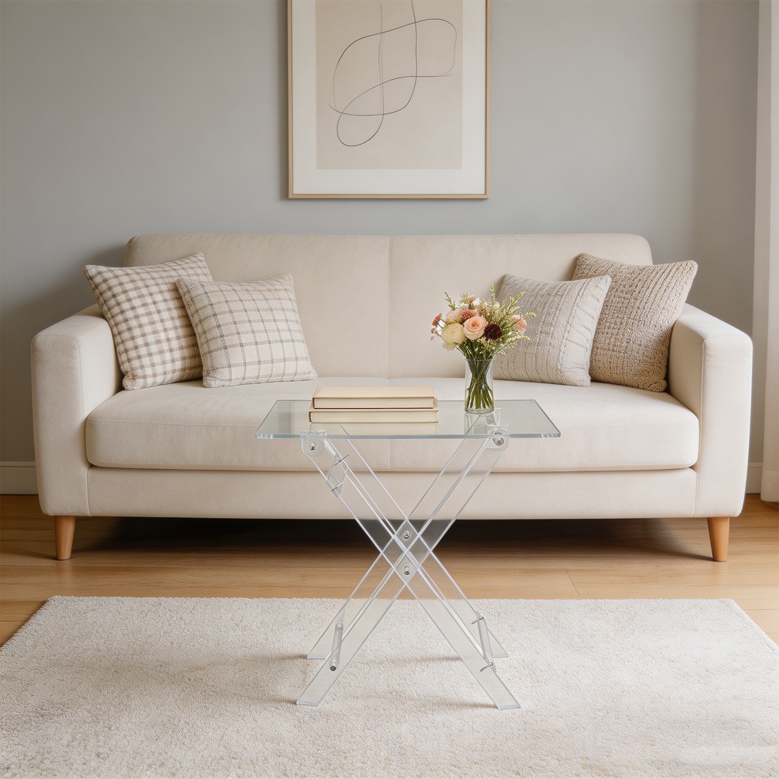 Clear Portable Foldable Side Table, X-Leg Low Table for Bed Sofa Living Room
