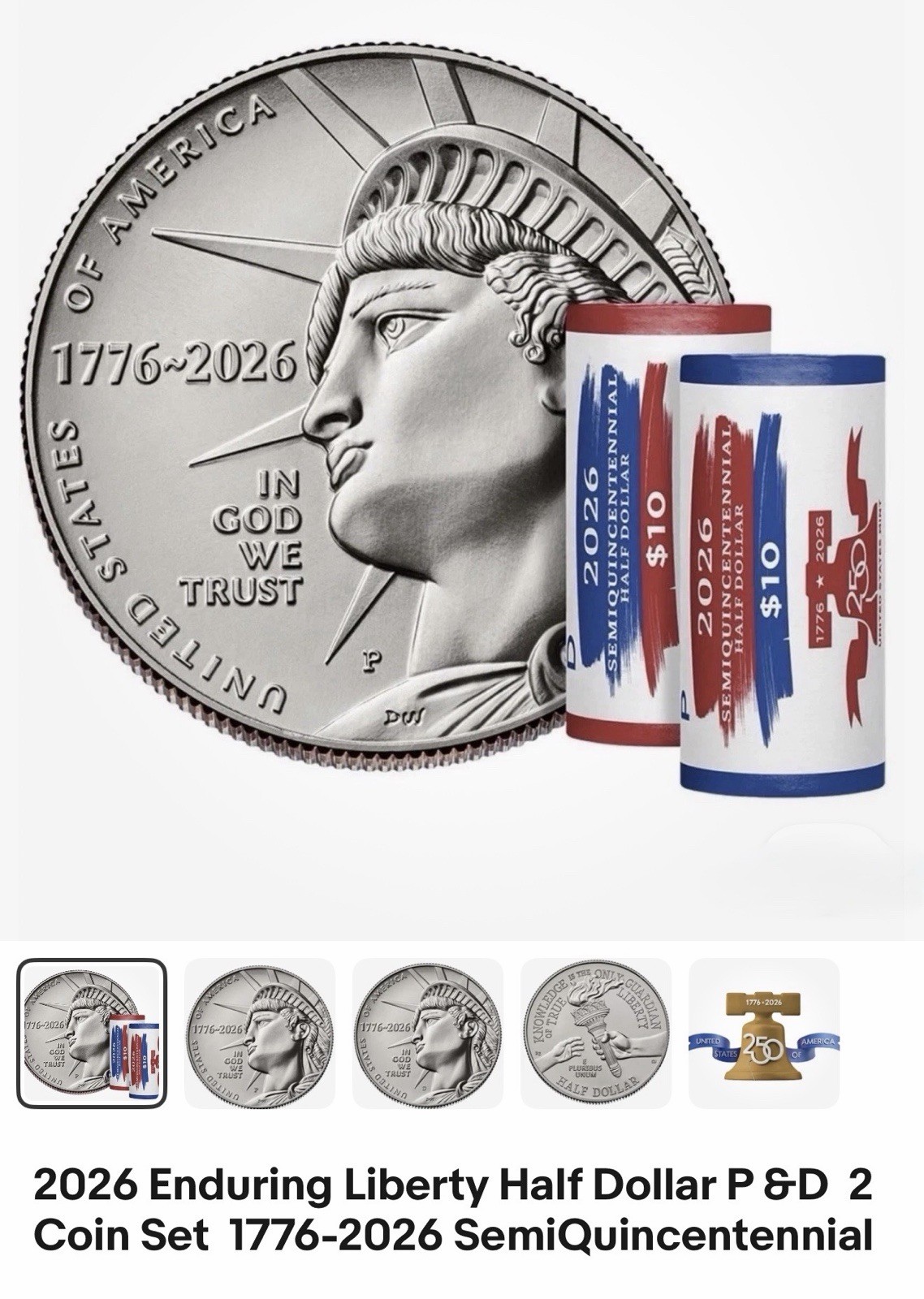 1776-2026 Enduring Liberty Half Dollar P&D 2 Coin Set from US Mint Rolls. BU GEM