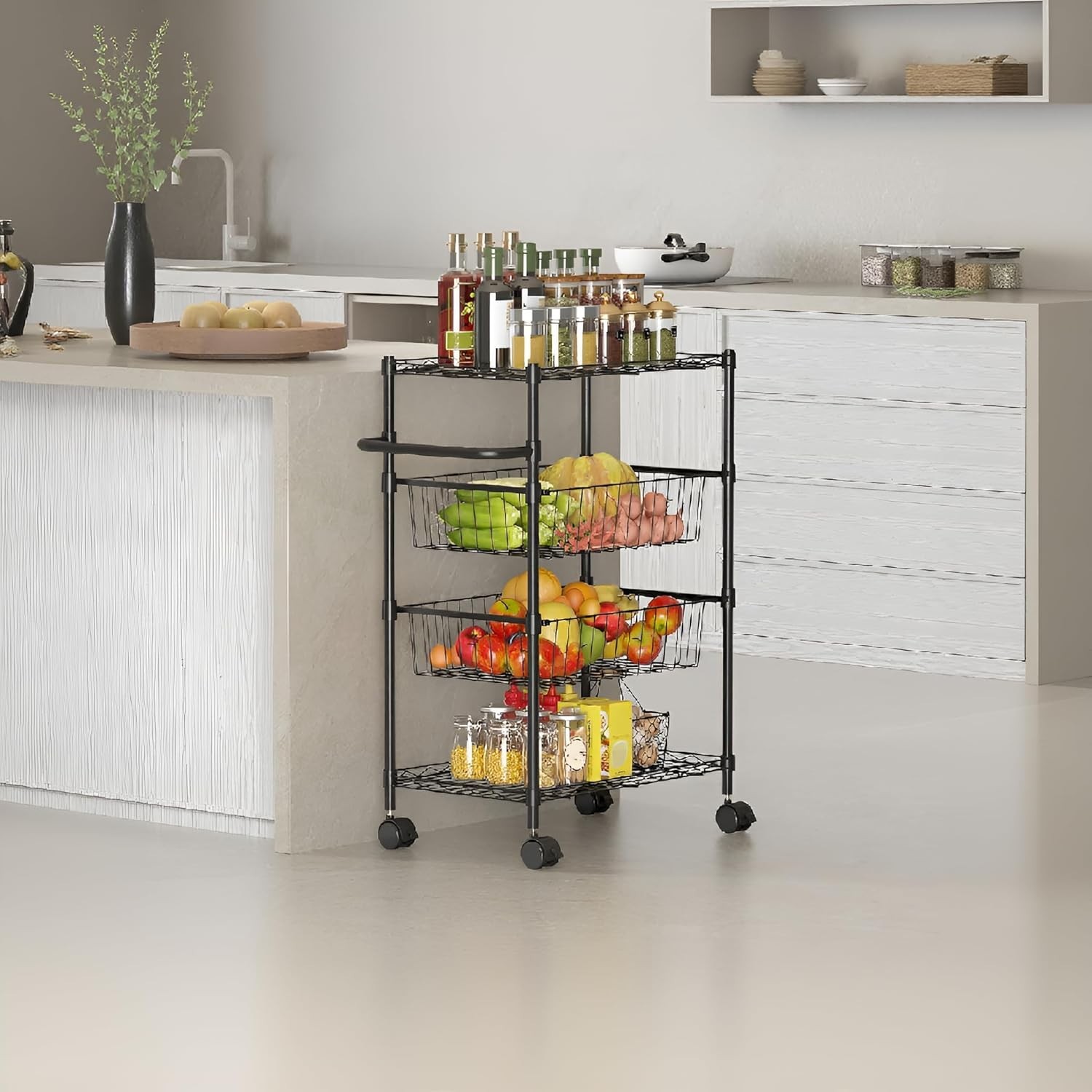 4-Tier Kitchen Cart Rolling Storage Utility Cart w/ Handle & 2 Removable Baskets