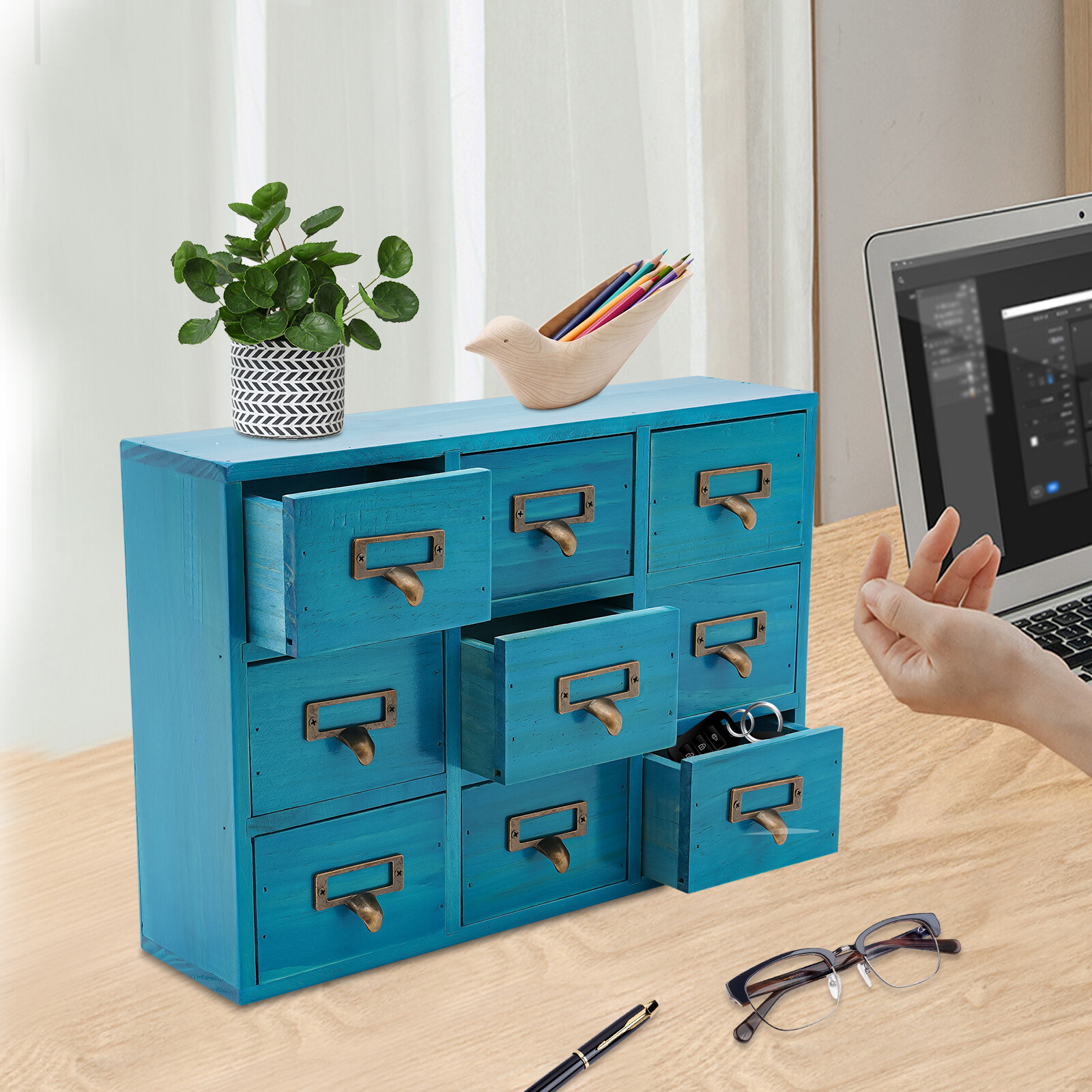 Rustic Blue 9-Drawer Wooden Apothecary Cabinet Tabletop Organizer