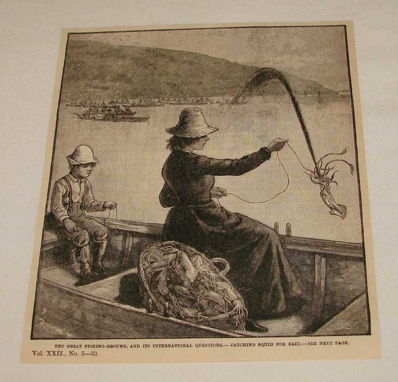 1886 magazine engraving ~ CATCHING SQUID FOR BAIT