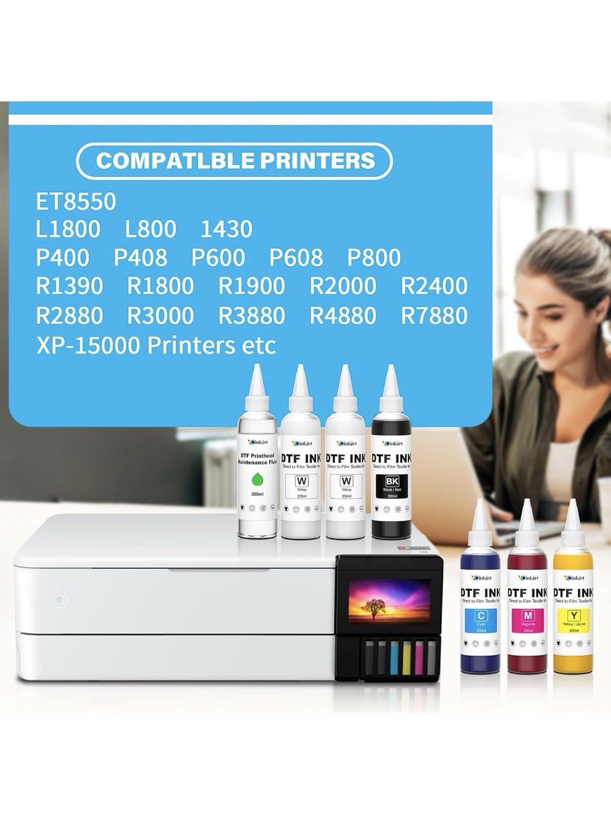 Xcinkjet DTF Ink Refill 200ml 6 Colors with Cleaning Solution for Epson Printers