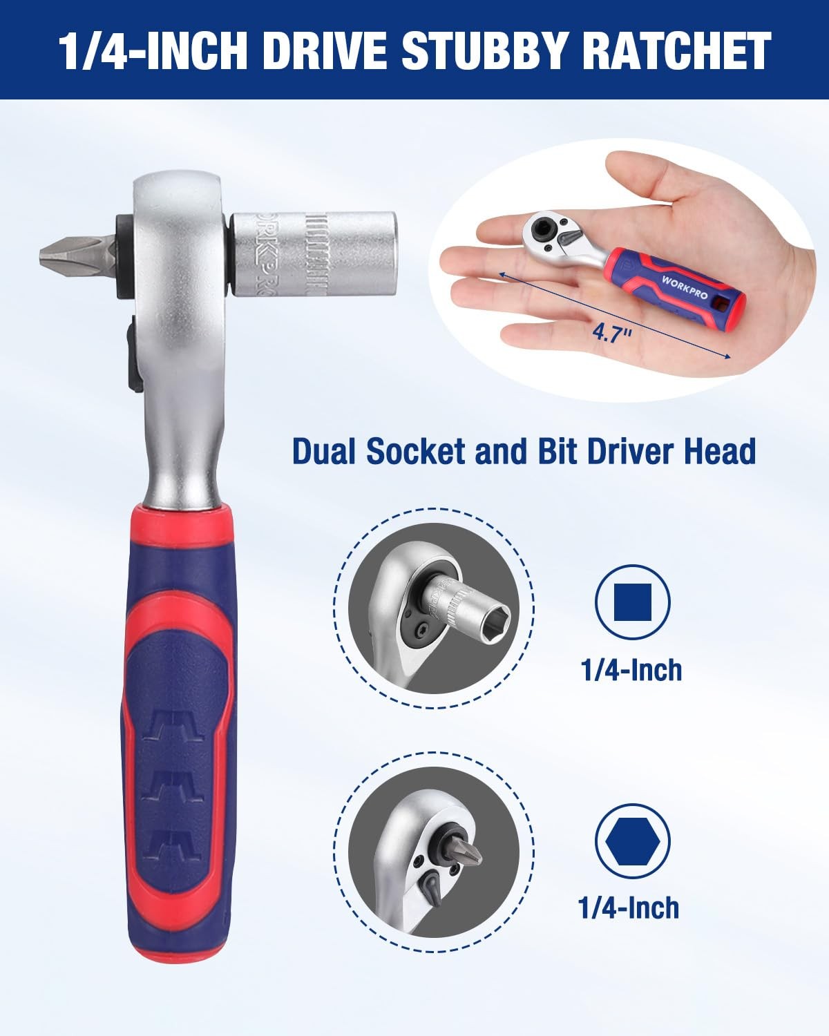WORKPRO 34 PCS 1/4" Drive Mini Socket Ratchet Wrench Set, Blue, Red, Silver