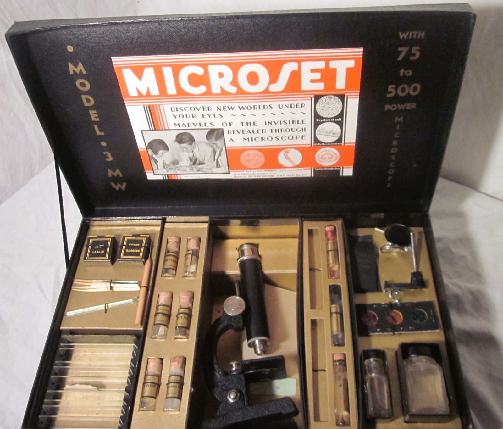 1913 Microset Science Kit Model 3 MW w/75 to 500 Power Microscope Carolyn Mfg