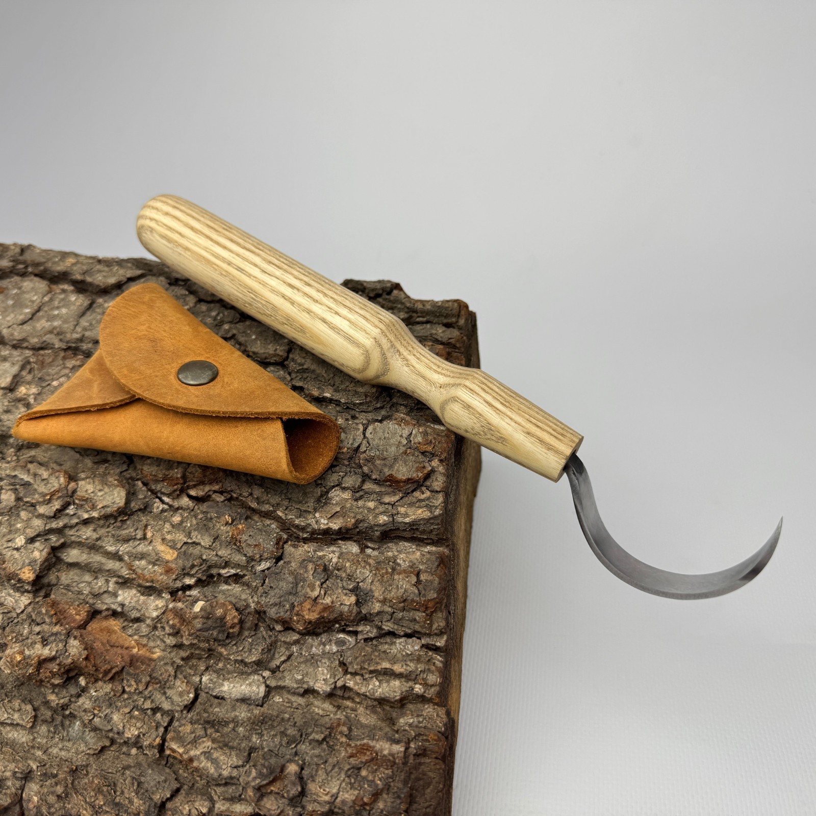 Long Hook Knife – Hand-Forged 52100 Steel, Ash Handle, Sheath, For Spoon Work