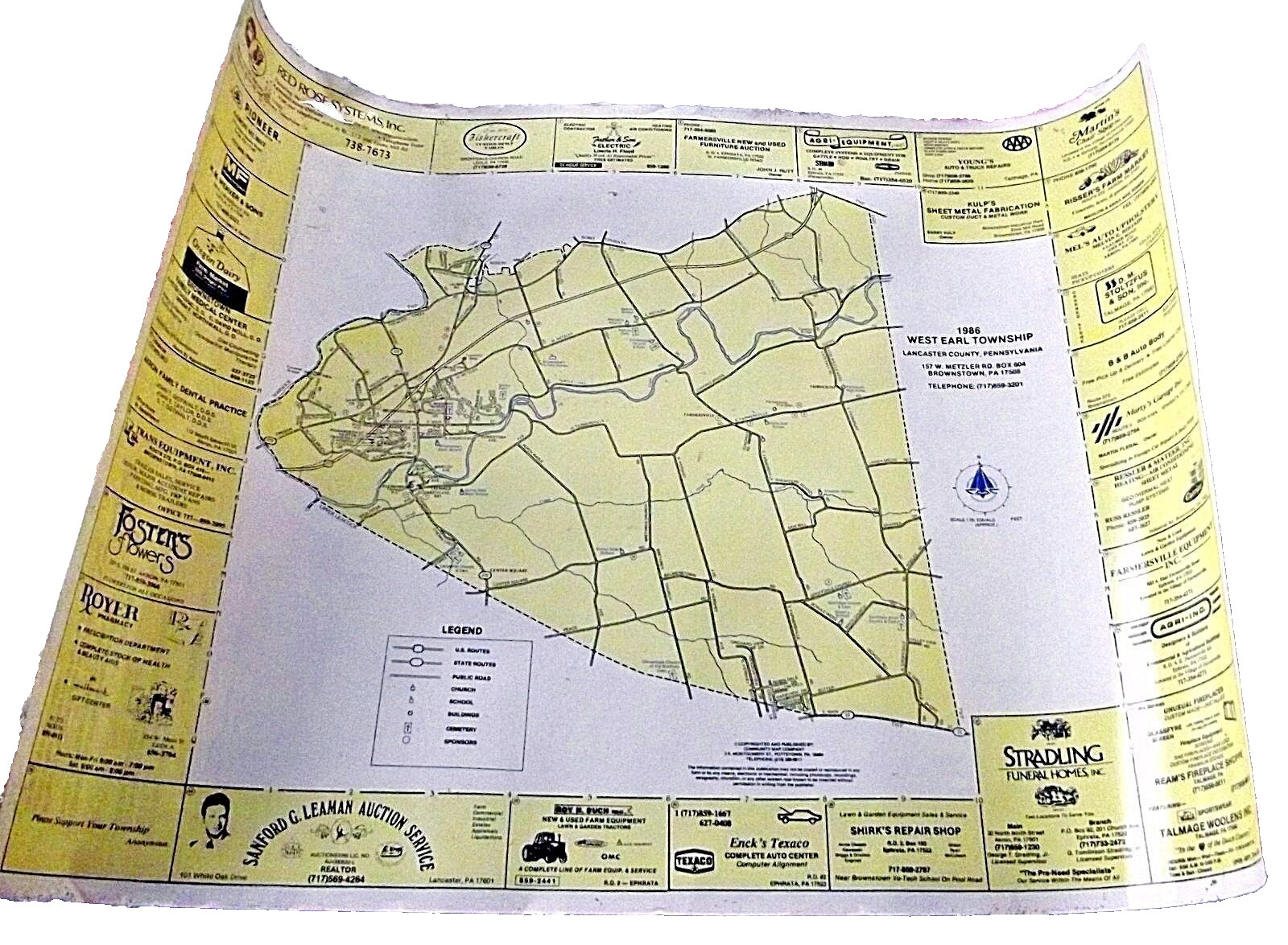1986 Map Pennsylvania West Earl PA Township Laminated Ad Roads History Geography