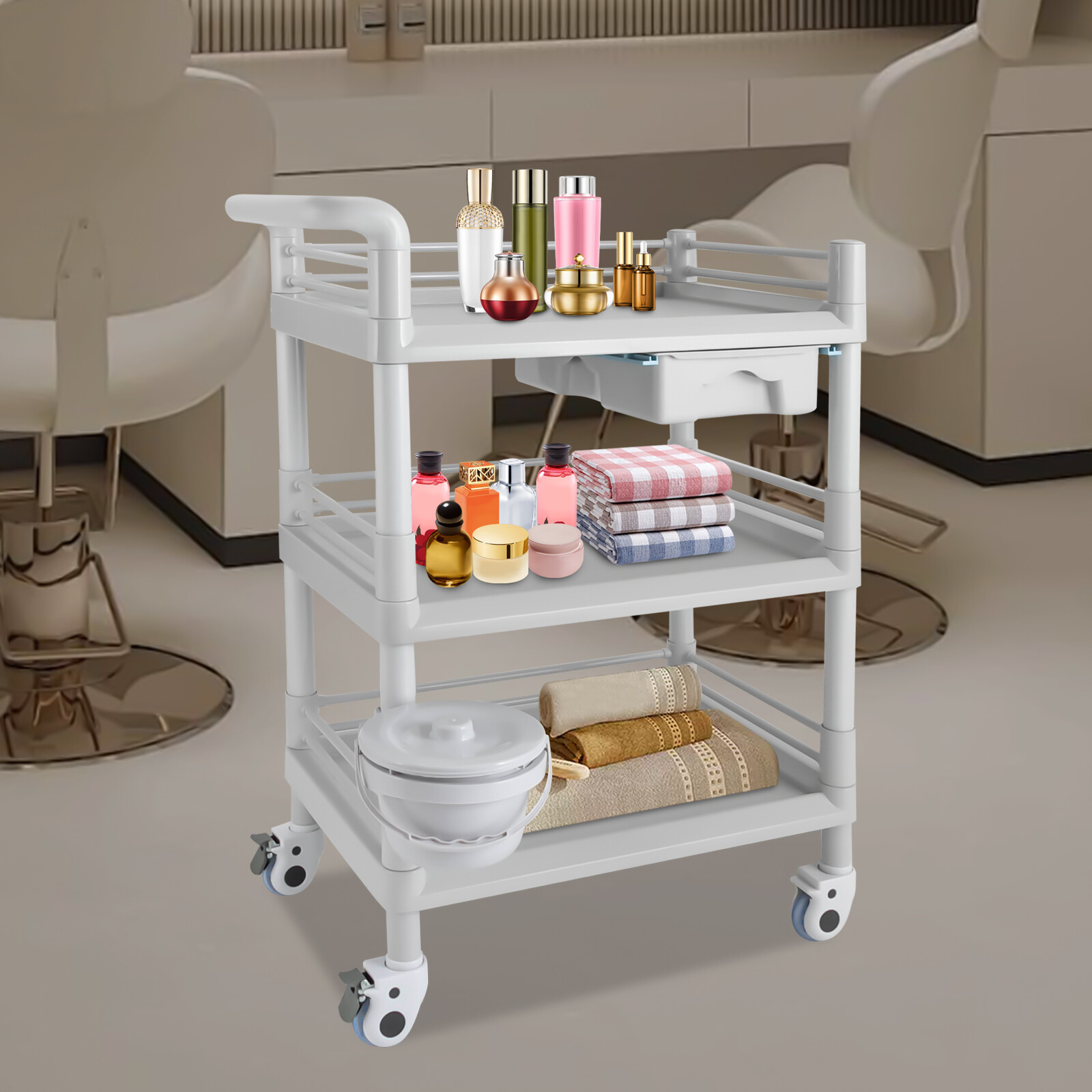 3-tier Beauty Salon Cart Beauty Instrument Cart Rolling Tool Cart with 4 Wheels