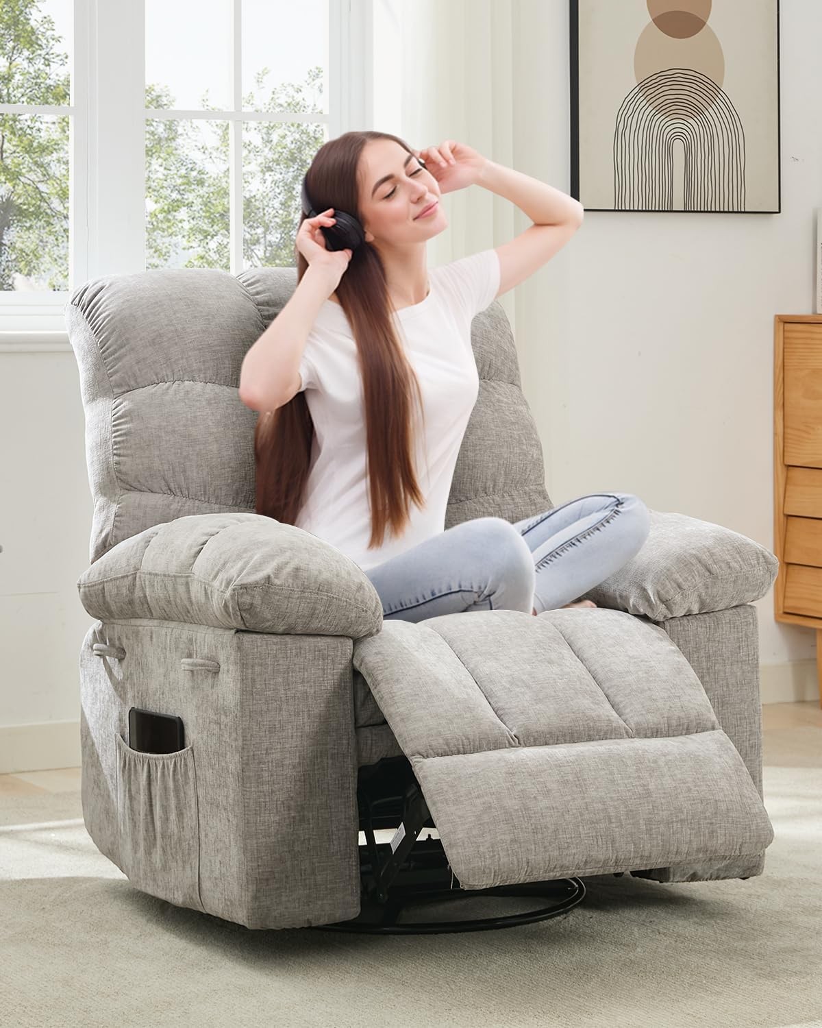 Rocking Recliner Chair Upholstered 360° Swivel Rocker Chair Deep Seat Light Gray