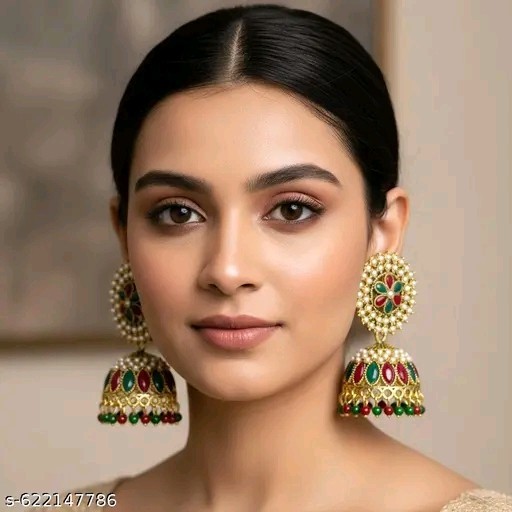Kundan Jhumka Earrings Indian Gold Plated Bollywood Style Jewelry Set