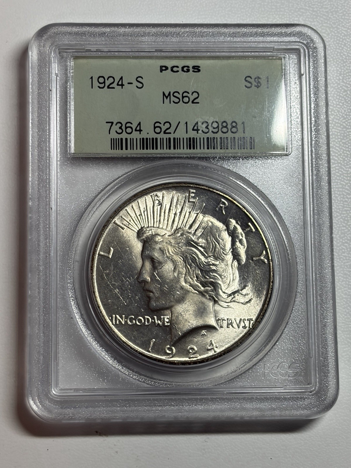 1924 S $1 Peace Silver Dollar PCGS MS62 OGH Blast White Great Strike