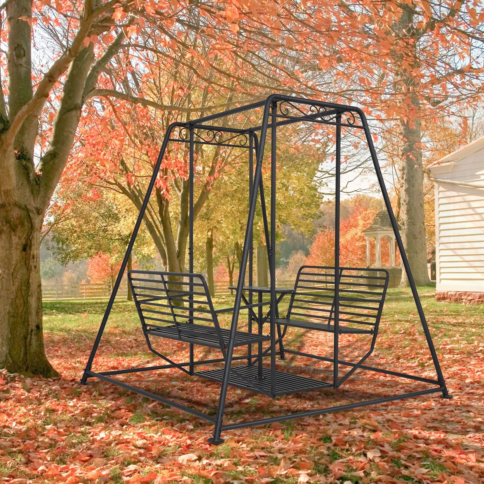 4-Seat Outdoor Patio Swing Chair with Stand Heavy Duty Metal Swing Table Bench