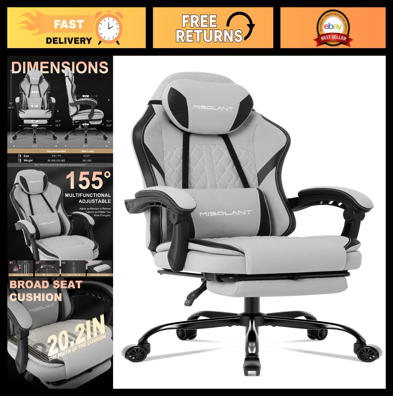 Ergonomic Gaming Chair with Footrest, High Back, Adjustable Headrest & Massage S