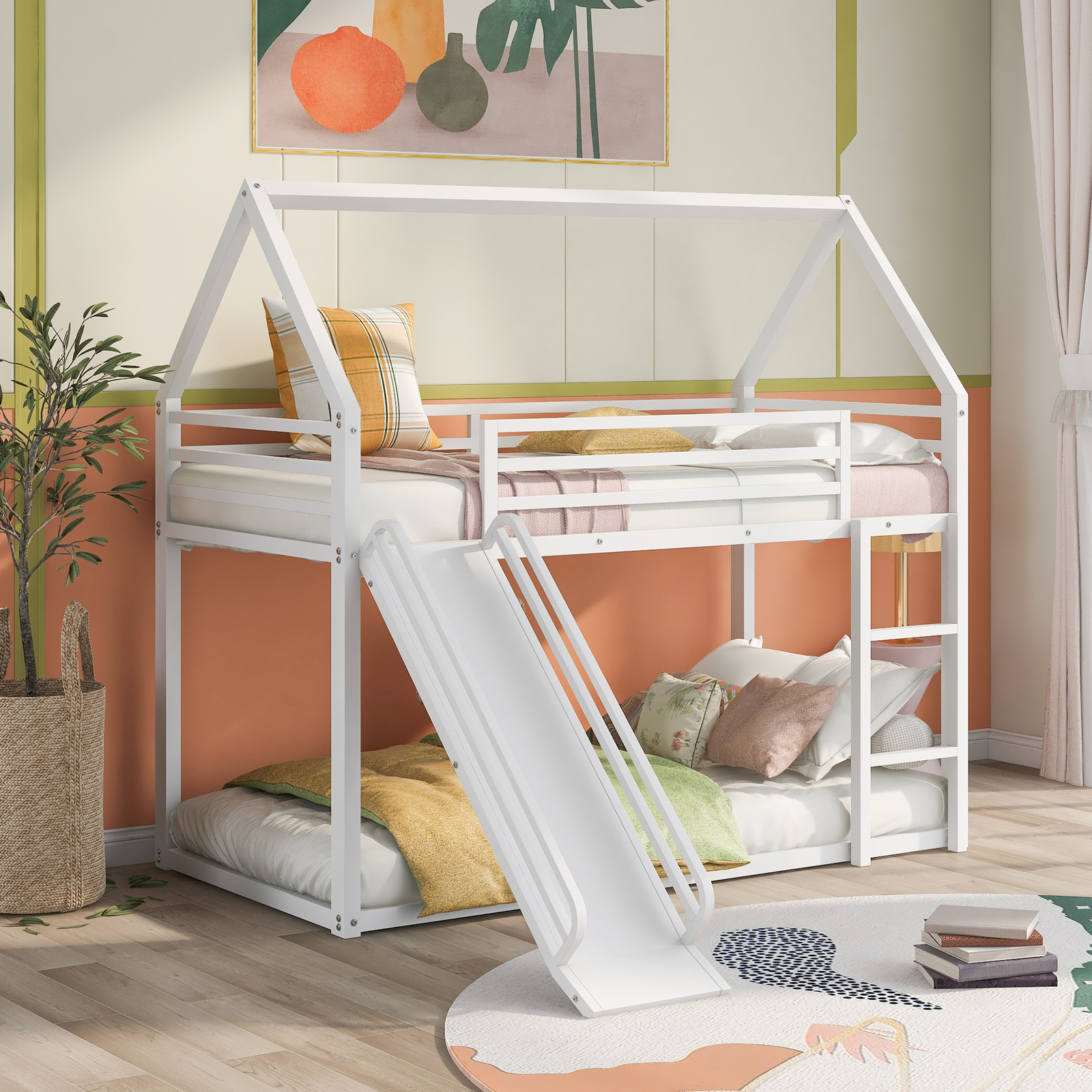 Metal Twin over Twin Bunk Bed Slatted W/ Slide /Ladder Bedroom For Kids White