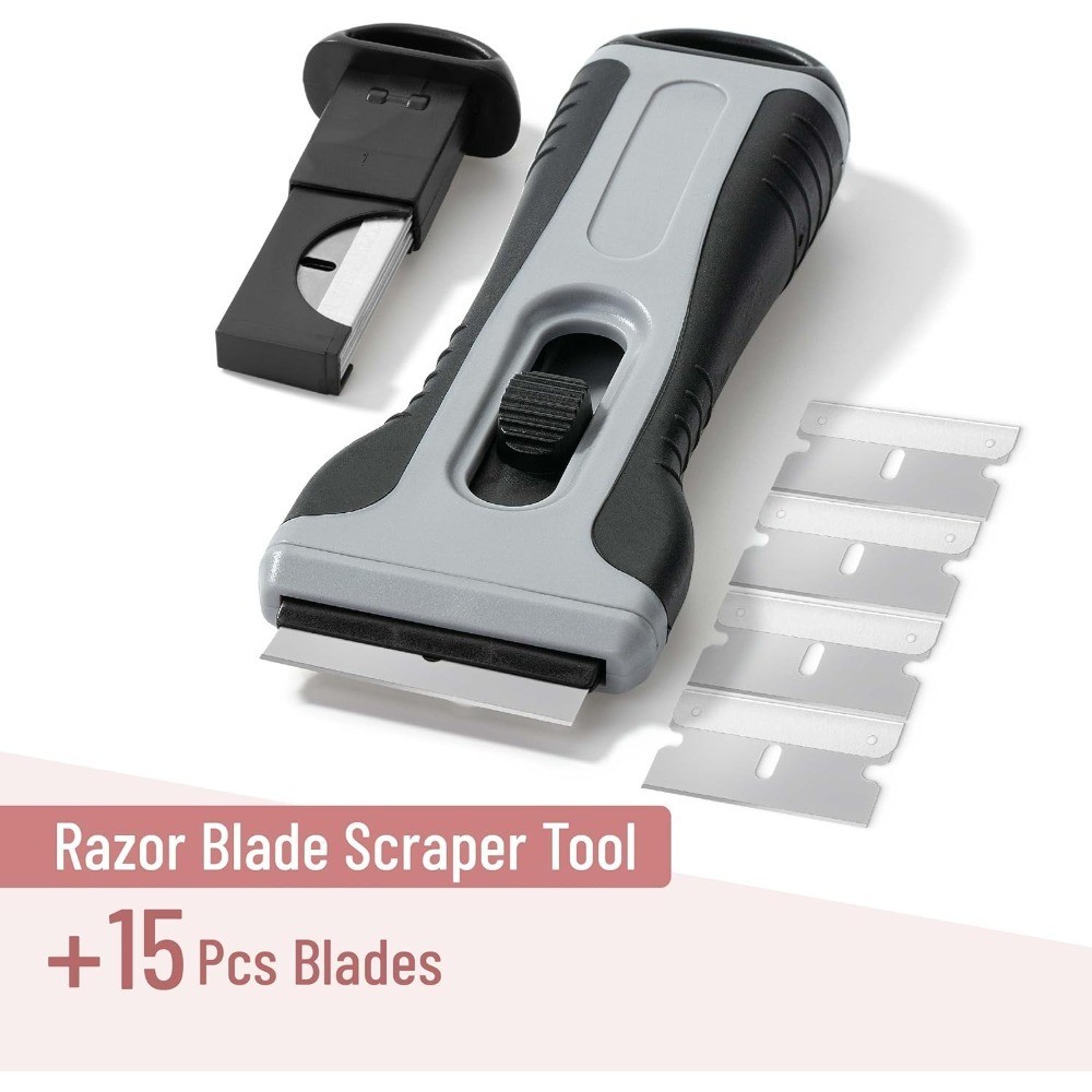 Retractable Razor Scraper Tool with 15 Extra Blades and Built-in Storage Box for