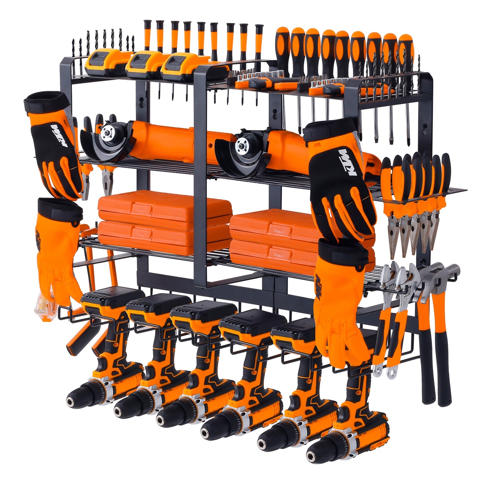 4 Layer Heavy Duty Tool Organizer Wall Mount, 180LB Capacity with 6 Drill Holder