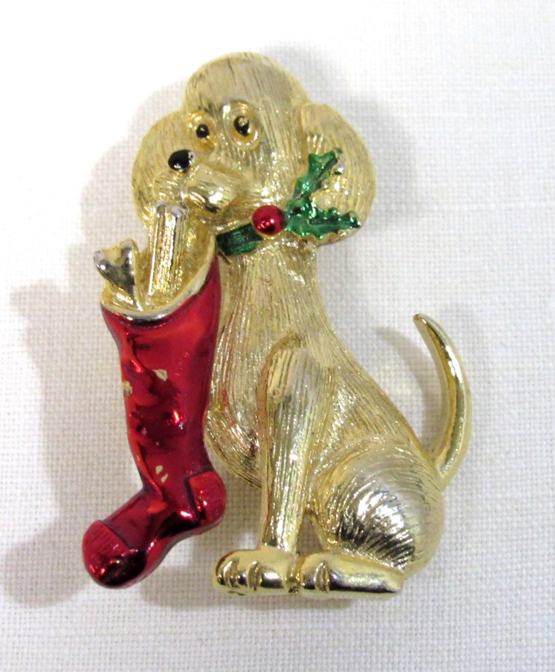 Gerry's Christmas Pin - Dog with Red Christmas Stocking Gold Tone 1.5" x 2"