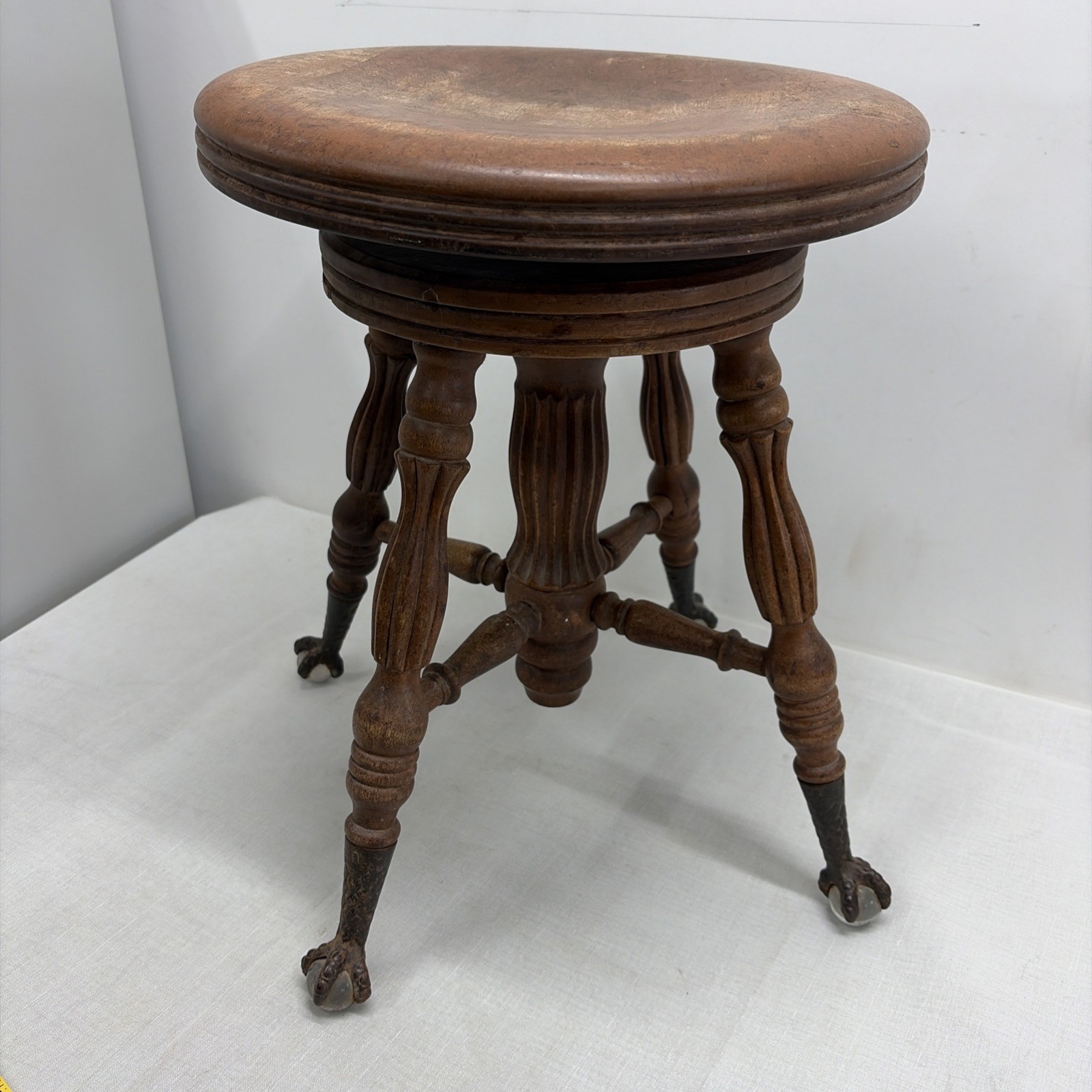 Oak Piano Stool A. Merriam Co. So. Acton MA w/ Glass Ball Claw Feet Adjustable