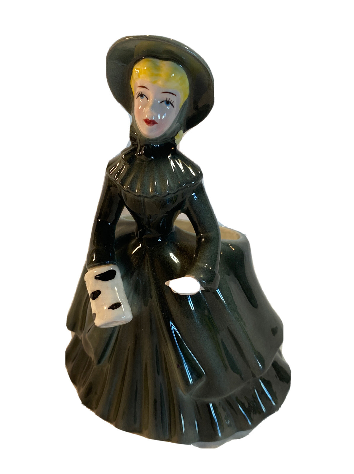 Vintage UCAGO Ceramic JAPAN Victorian Lady In Morning Planter Vase BLACK DRESS