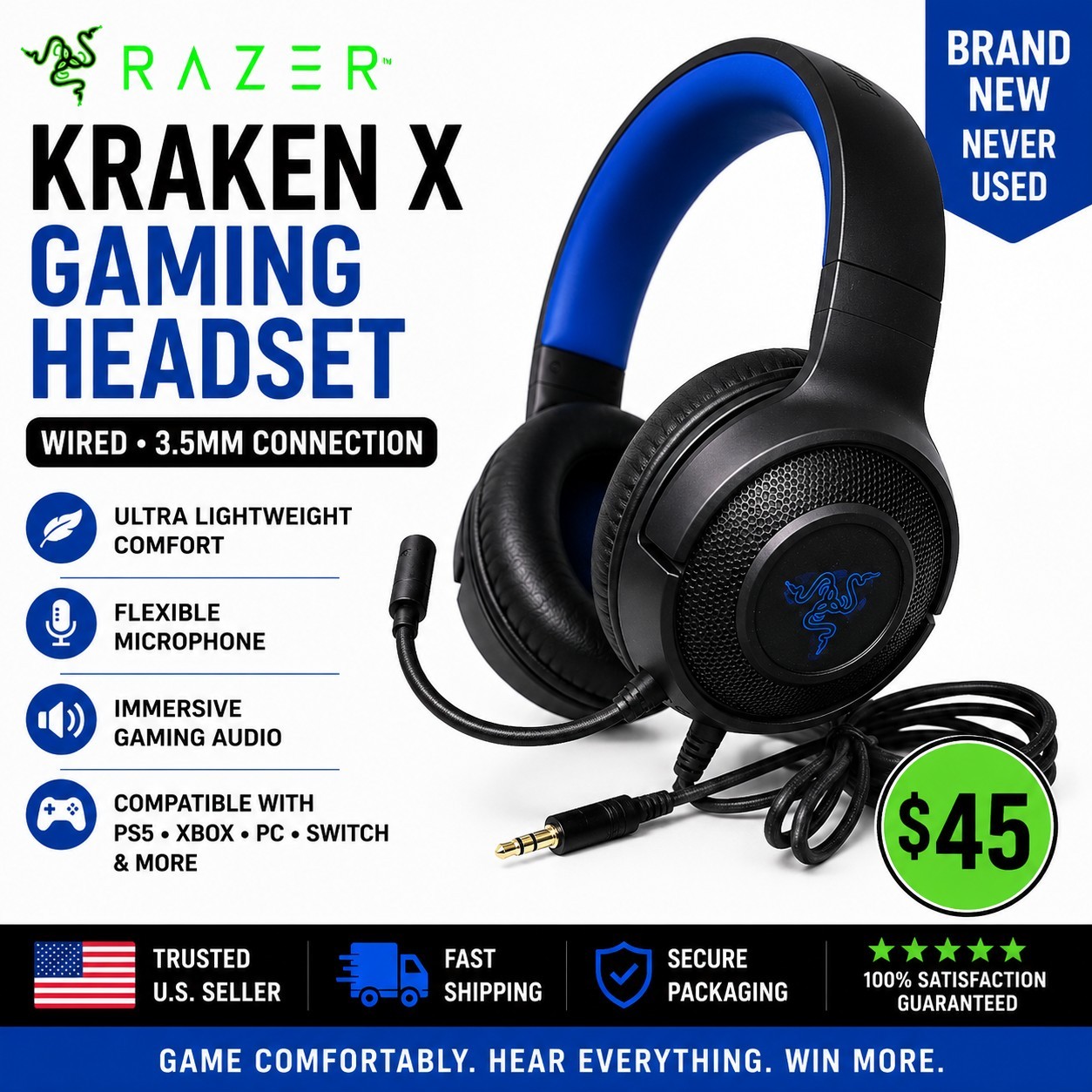 Razer Kraken X Wired Over the Ear Gaming Headset - Black