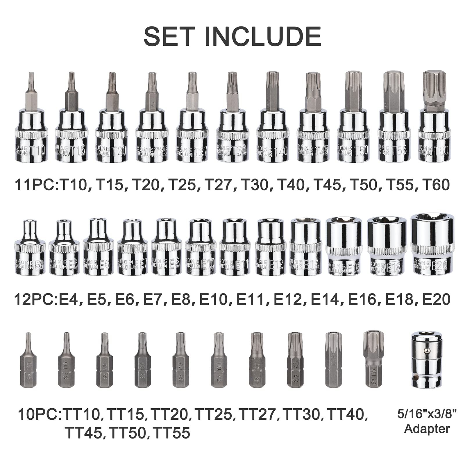 34 Pieces 3/8-Inch Drive Torx Bit Socket and E-Torx (Star) Socket Set, CR-V &...