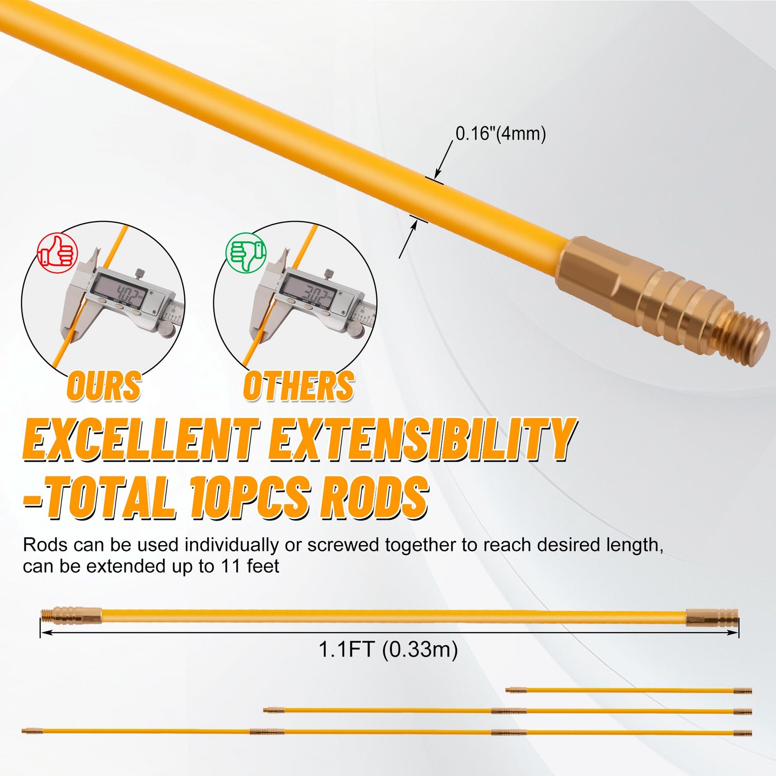KOOTANS 11FT Fiberglass Running Electrical Wire Cable Glow Rods Wire Pulling ...