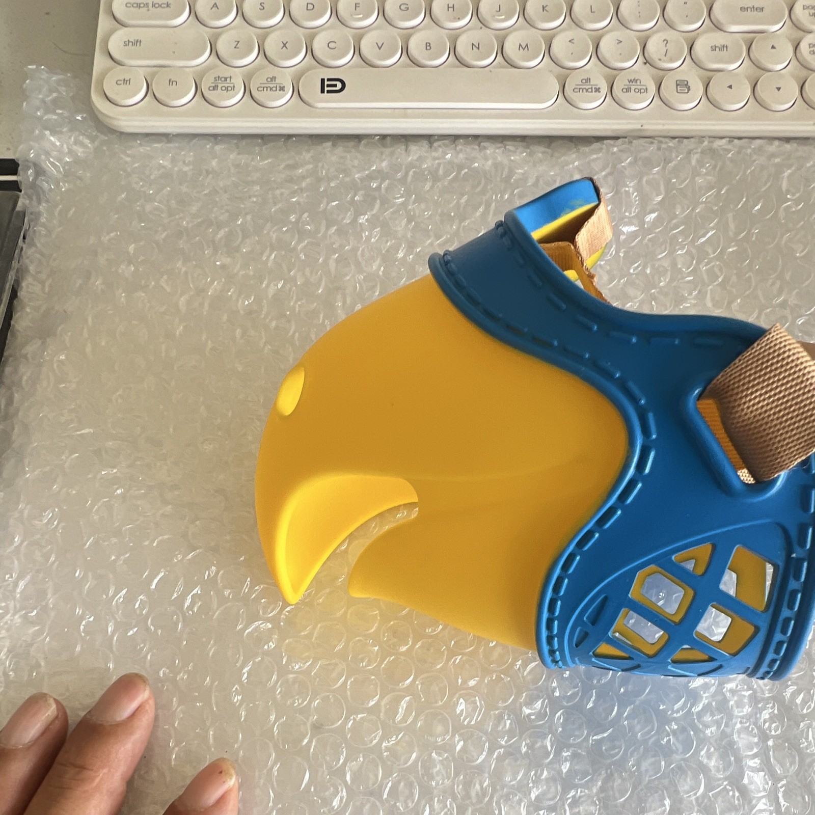 Duck Bill Plastic Dog Muzzle w/ Adjustable Strap, Size S, Yellow/Blue