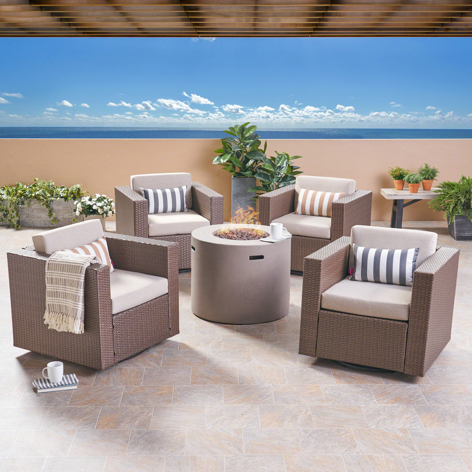 Leon Outdoor 4 Piece Swivel Club Chair Set with Round Fire Pit