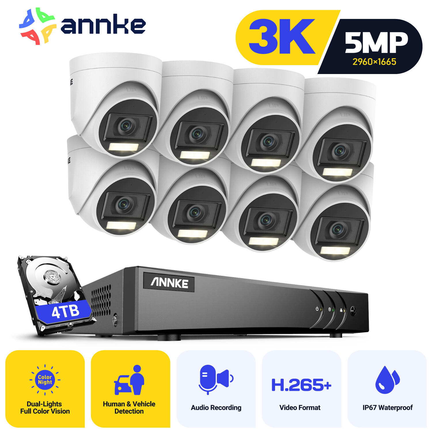 ANNKE 8CH DVR 5MP Audio Security Camera System CCTV Outdoor Color Night Vision