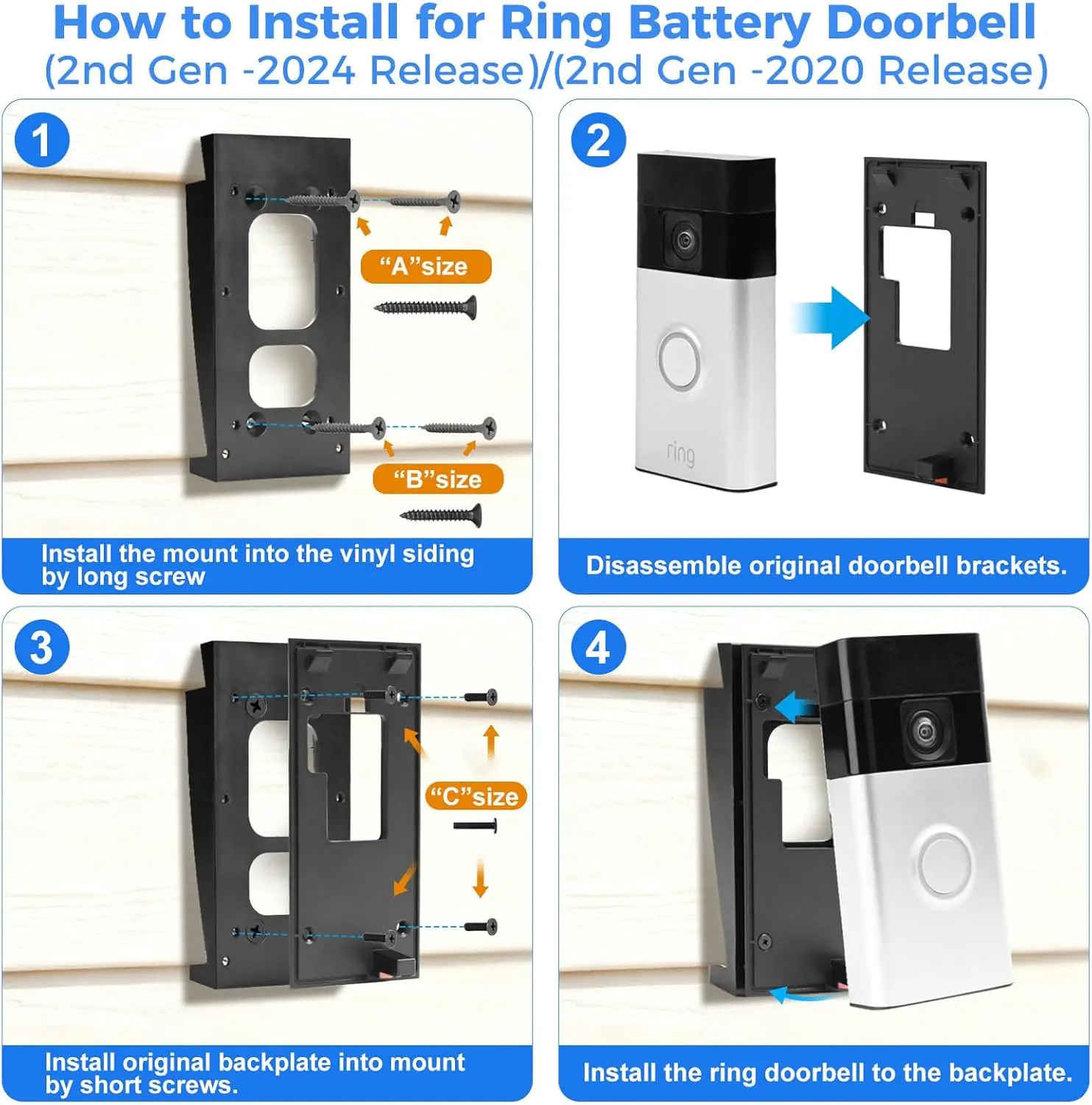Ring Doorbell Vinyl Siding Mount | 4" Angle Adjustment Bracket, Easy Install