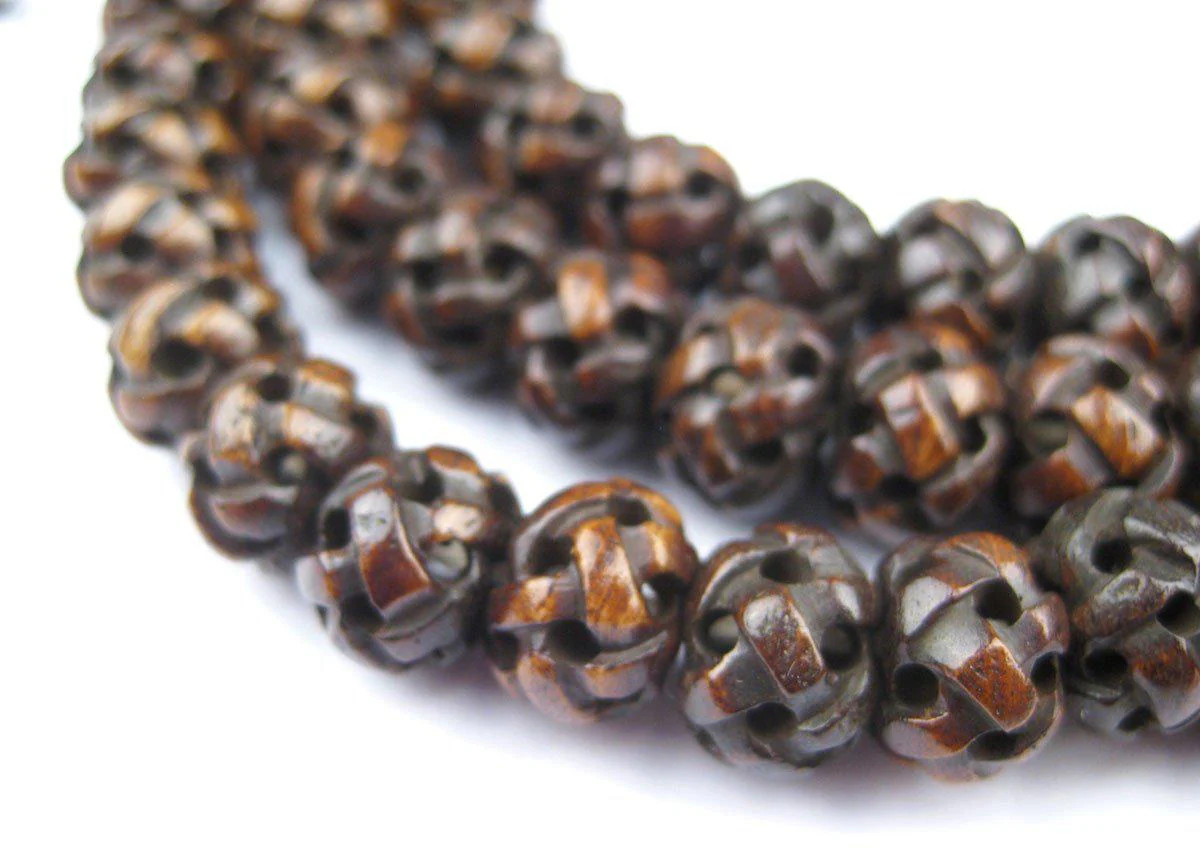 Brown Premium Woven Carved Bone Prayer Beads 10mm Nepal Round Large Hole