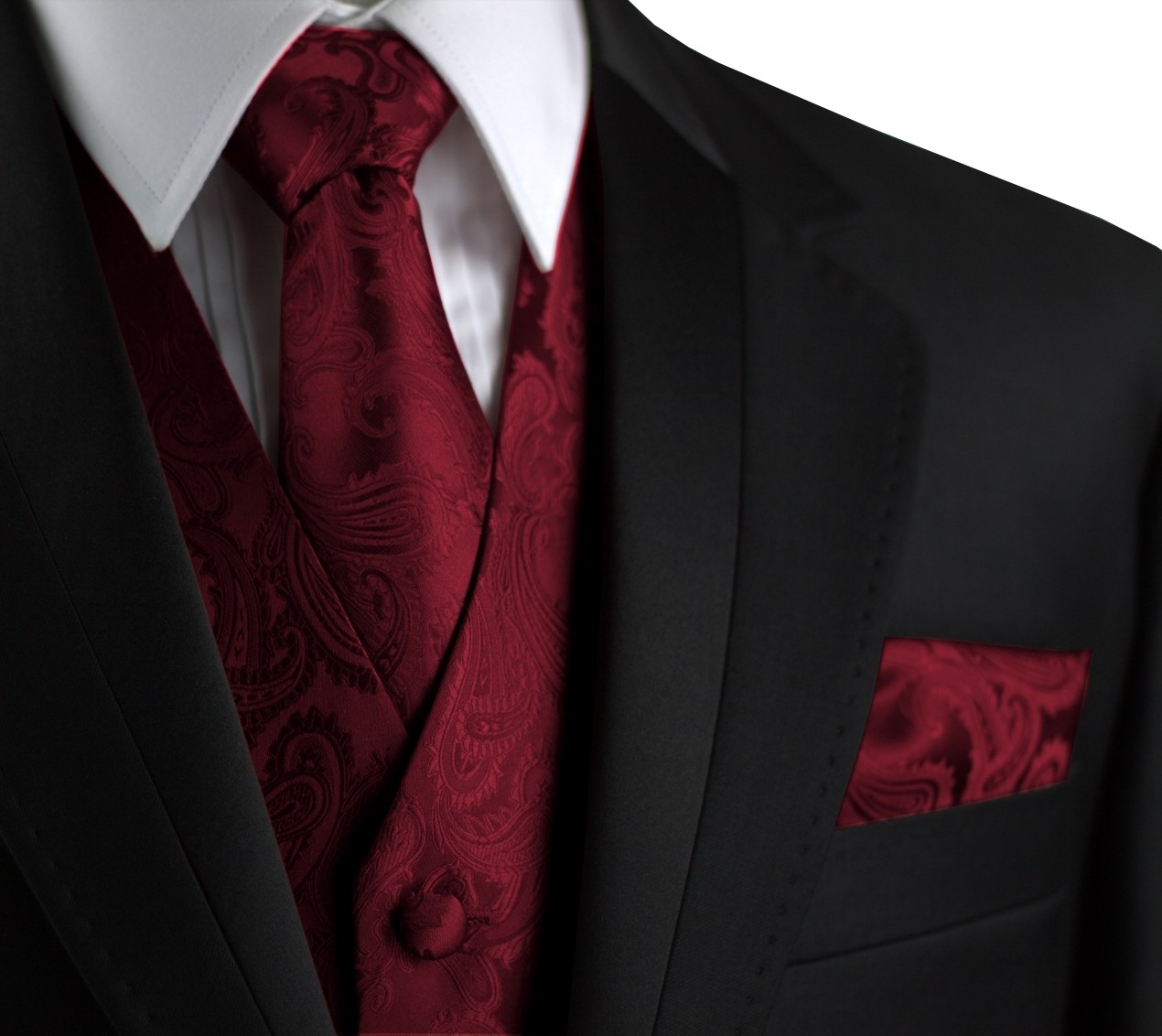 MEN'S BURGUNDY PAISLEY FORMAL TUXEDO VEST, TIE & HANKIE SET. WEDDING FORMAL PROM