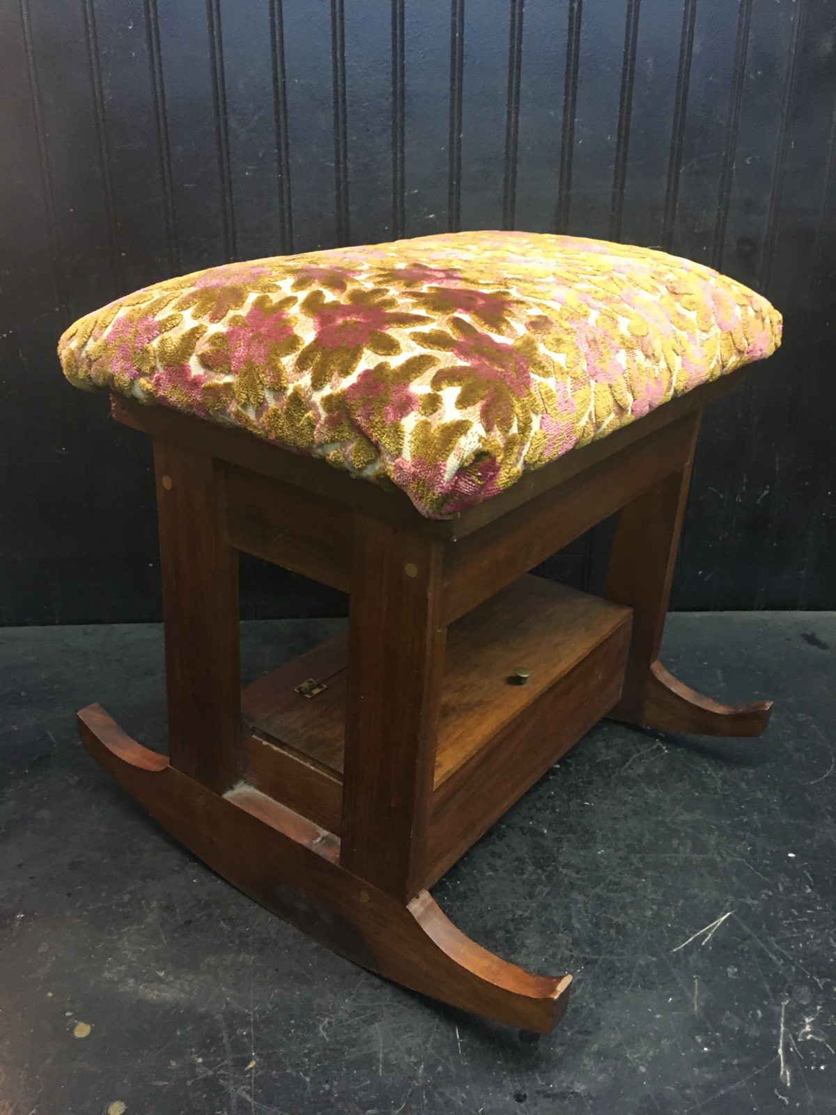 Wood Footstool- Vtg Rocking Floral Tapestry Upholstered Padded Wooden Stool